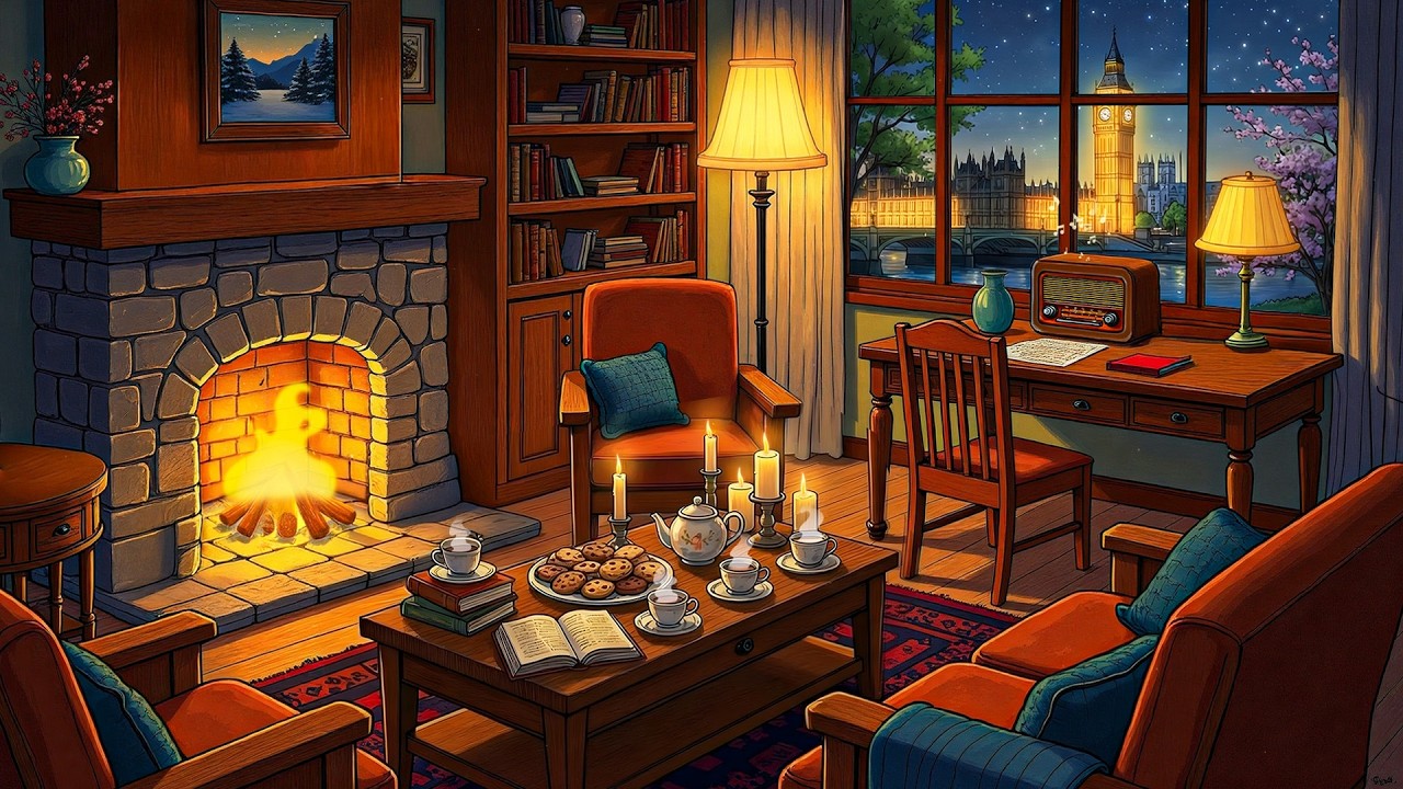 it's a vintage 1950s night next to the fireplace with oldies playing in another room (unwind, relax)