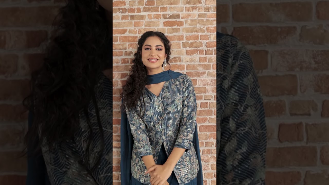 Teal blue long Blouse with Pant & Dupatta