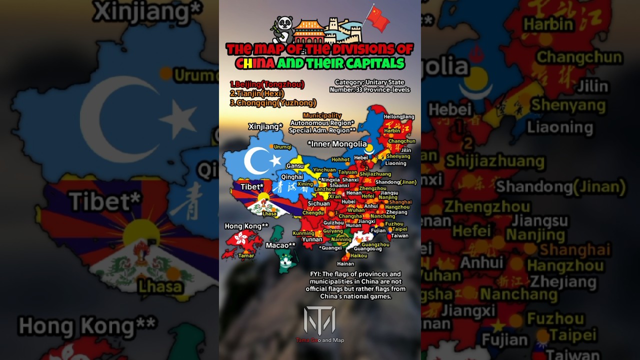 The map of the divisions of China and their capitals