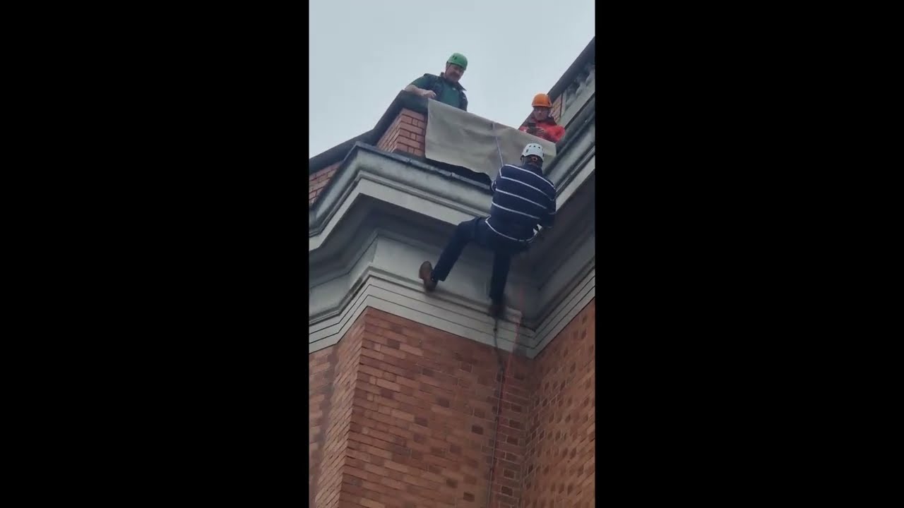 Toby Perkins' MP abseil of Town Hall for Mayor's appeal.