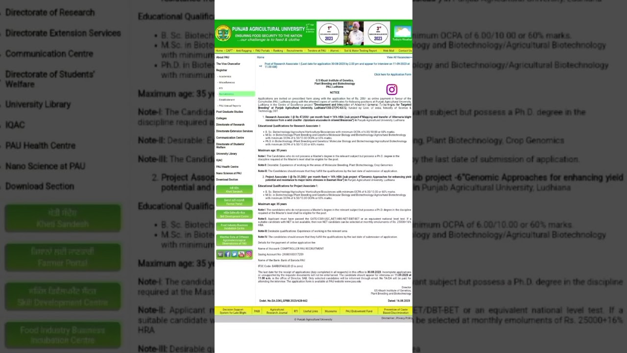 PAU MSc Biotech, Mol Bio Research Jobs, Applications Invited