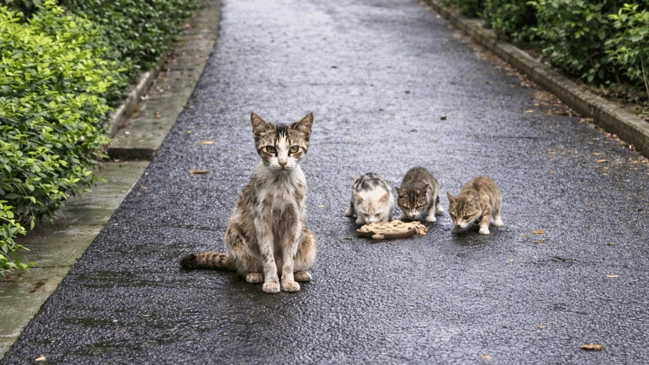 Раненая кошка-мама шла километры за едой… но ела только остатки котят