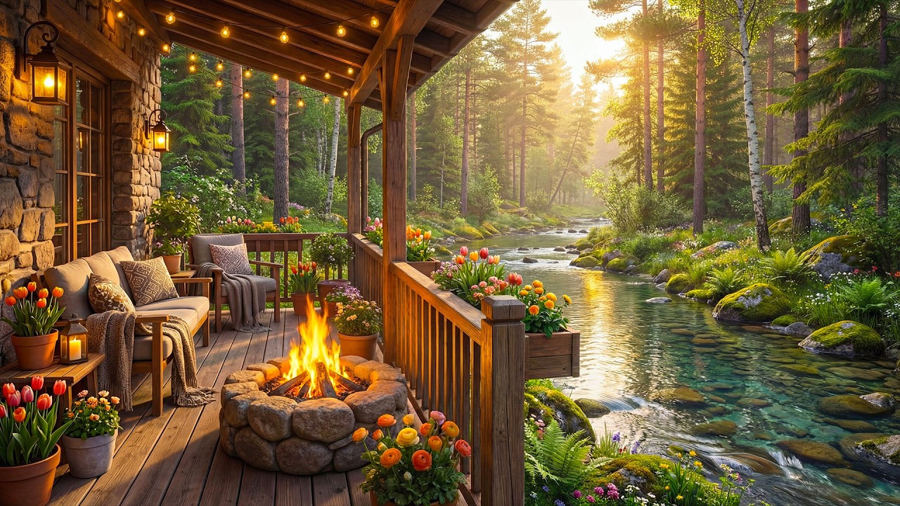 Cozy Spring Riverside Cabin Porch with Crackling Fire Pit 🌸🔥 Gentle Water Sounds & Nature Ambience