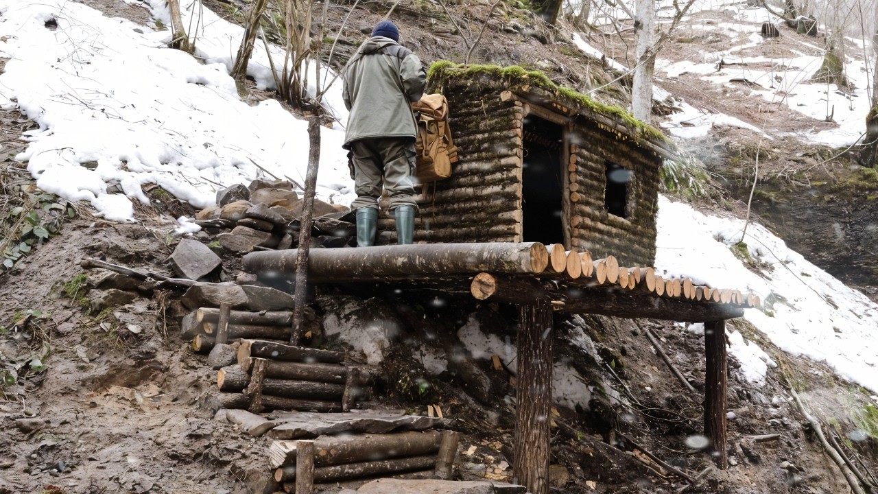 Winter Survival House. Bushcraft and Warm Shelter