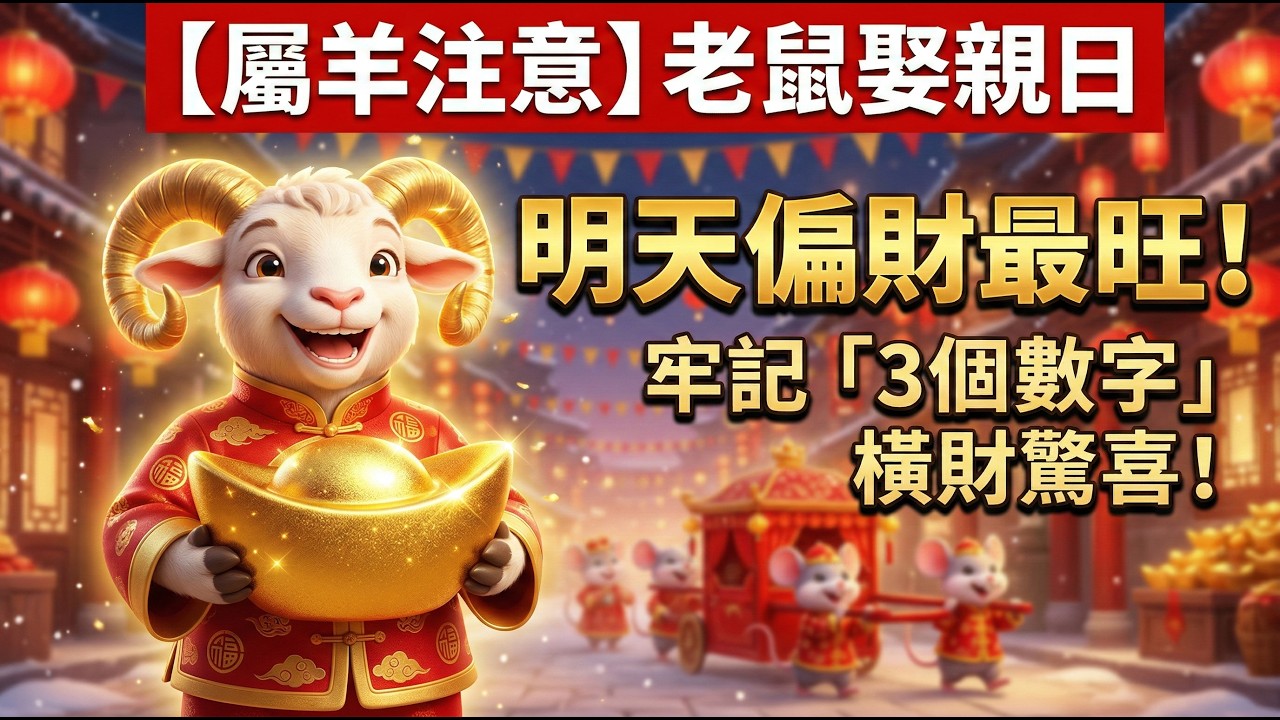 【屬羊注意】明天28號正月十二「老鼠娶親日」，你偏財最旺，「3個數字」要牢記，橫財有驚喜！#屬羊2026運勢 #老鼠娶親日 #正月十二 #偏財 #橫財 #幸運數字 #2026生肖羊運勢 #旺財數字