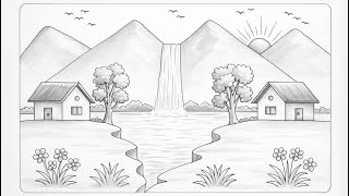 Mountain River House Tree Scenery Drawing Prakrutik Drishya Kaise Banaen Scenery Drawing Easy
