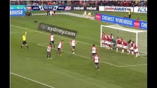 FREE KICK IN PENALTY BOX
From the Arsenal vs Western Sydney Wanderers friendly game on 15/7/2017 (score 3-1). This is a great example of what happens when a goalkeeper handles a pass back from a team mate with his hands. In this case, Steven Lustica scores from this free kick after Emiliano Martínez handles an Aaron Ramsey backpass FREE KICK IN PENALTY BOX