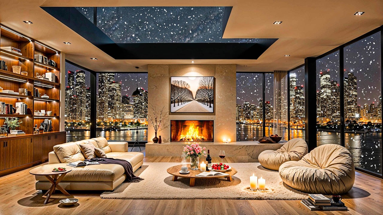 Snowfall Winter Night Jazz 🌨️ Cozy Apartment Ambience 🪵 Fireplace Sounds for Work & Deep Focus