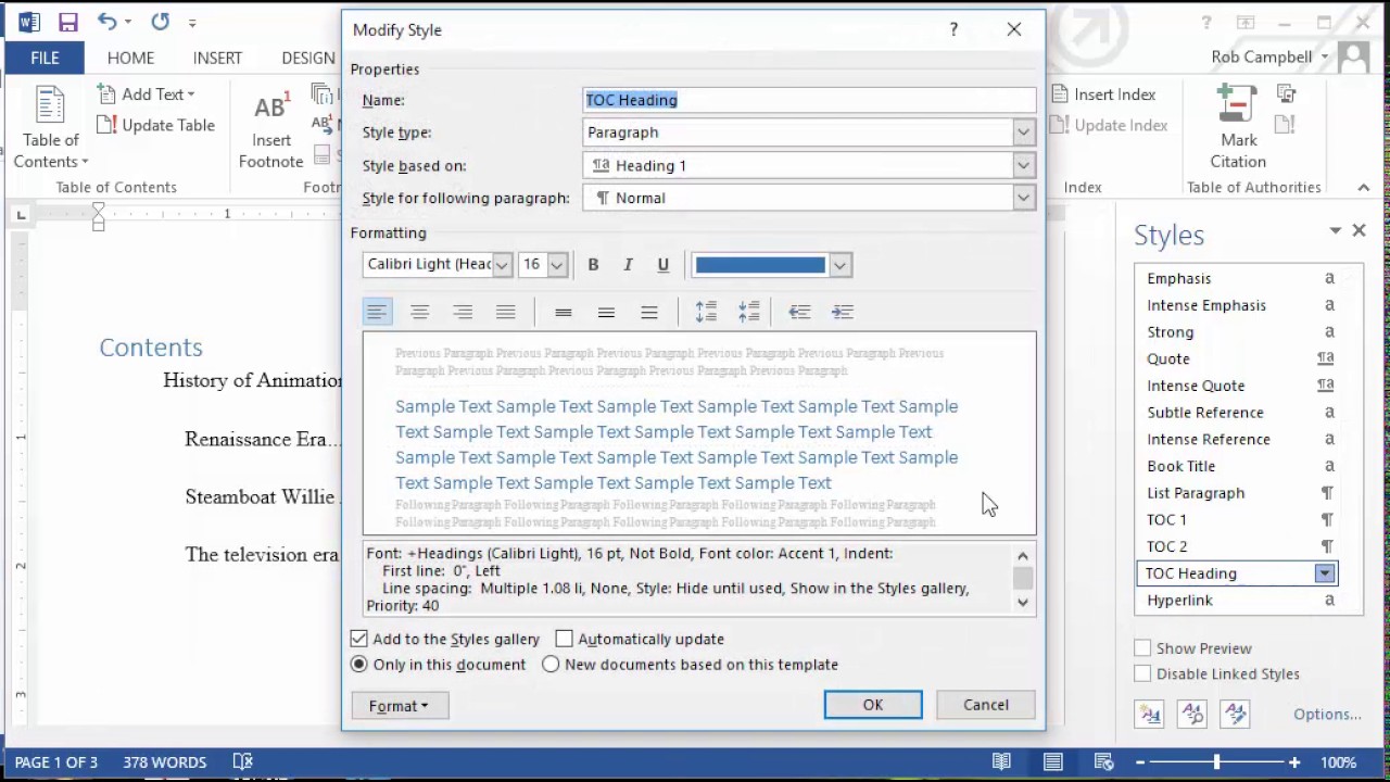 Setting Up Styles In Word To Create Apa Table Of Contents Youtube