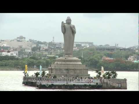 Buddha Statue in the midst of Hussain Sagar lake in Hyderabad