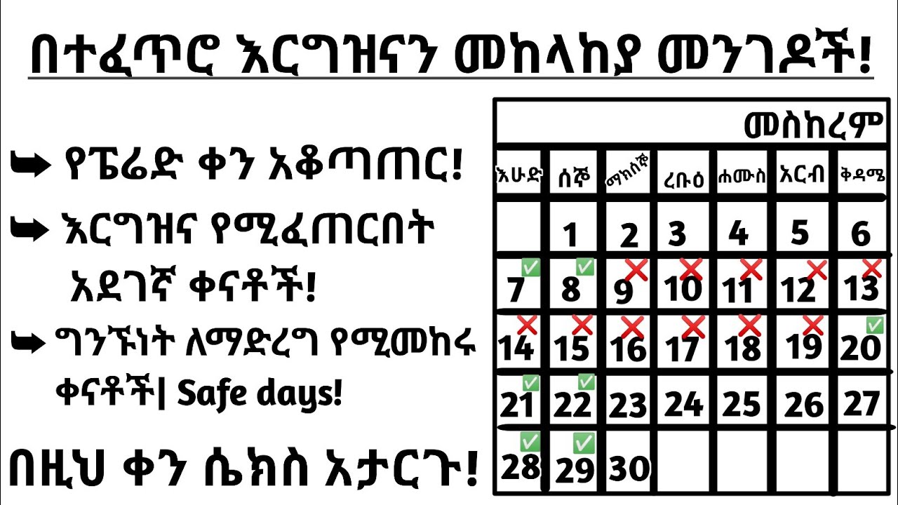 በተፈጥሮ እርግዝና መከላከያ መንገዶች የፔሬድ አቆጣጠርን በመጠቀም| Naturalways of controlling pregnancy|period calculating