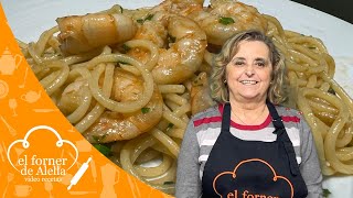 Espaguetis con langostinos al ajillo picantes