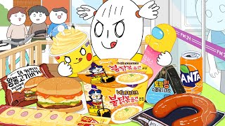 Convenience Store Food Mukbang! Animation ASMR (Cheese noodles, Kilbasa Sausage,Pokemon bread/foomuk