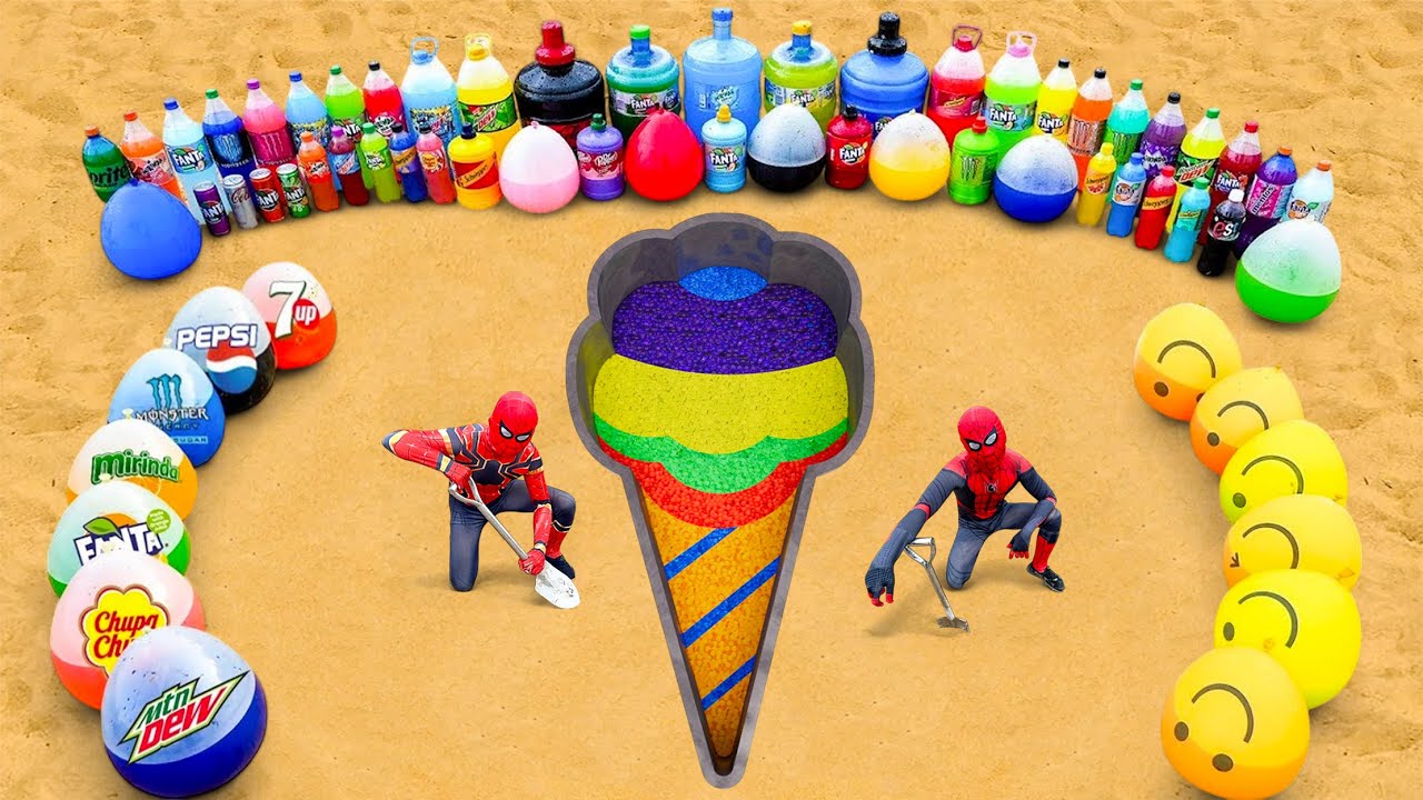 Instructions on how to make an ice cream cone using Orbeez balloons, Mountain Dew soda, Coca-Cola