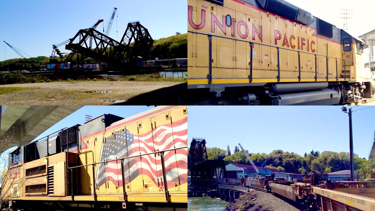 Seattle Trains 2013 Redux: Harbor Island UP Manifest, Well Cars over Duwamish, BNSF Bascule Bridge