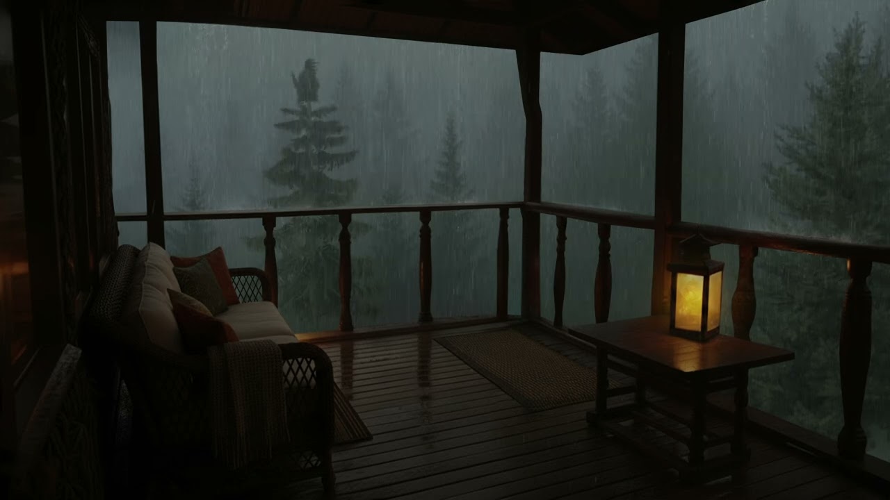 cozy rain on a cold night from a peaceful balcony overlooking the quiet forest | deep sleep ambience