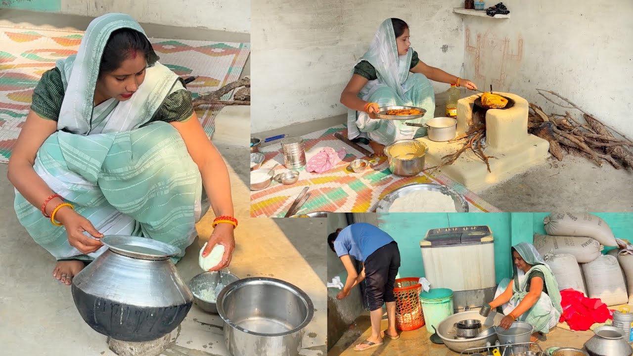 (गांव की सुबह) कच्चे पक्के घरों के ढेरो काम ll village winter daily morning life india 
