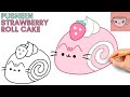 How to draw pusheen cat  strawberry roll cake  cute easy step by step drawing tutorial