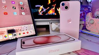 Aesthetic unboxing new iPhone 15 plus (pink) + setup + accessories What’s on my phone  Kawaii