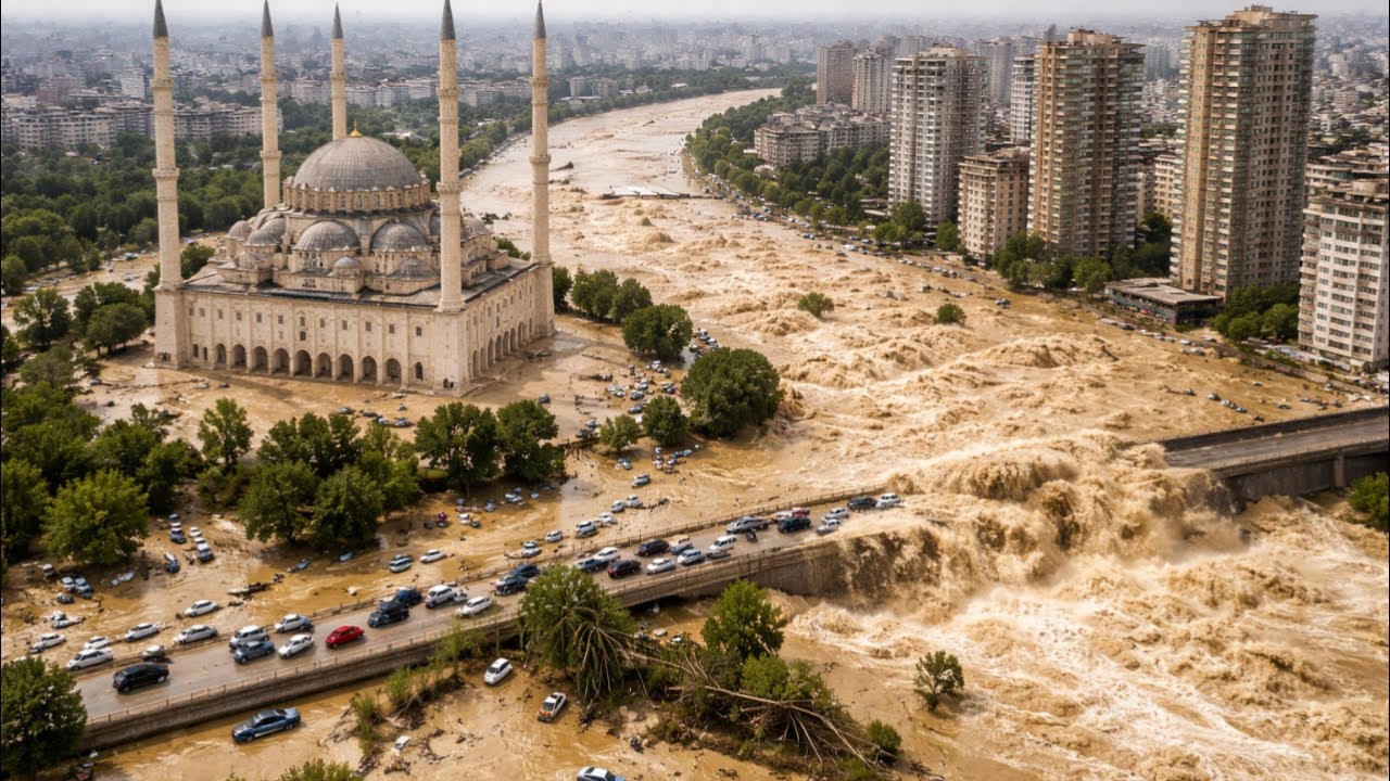 Хаос из-за наводнения в Адане, Турция! Автомобили унесло вышедшей из берегов рекой.