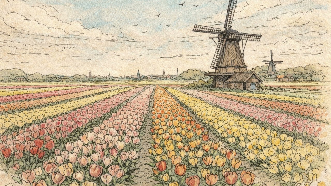 Netherlands Tulip Fields & Windmill 🌷 Spring Classical Music Ambience for Study & Relaxation