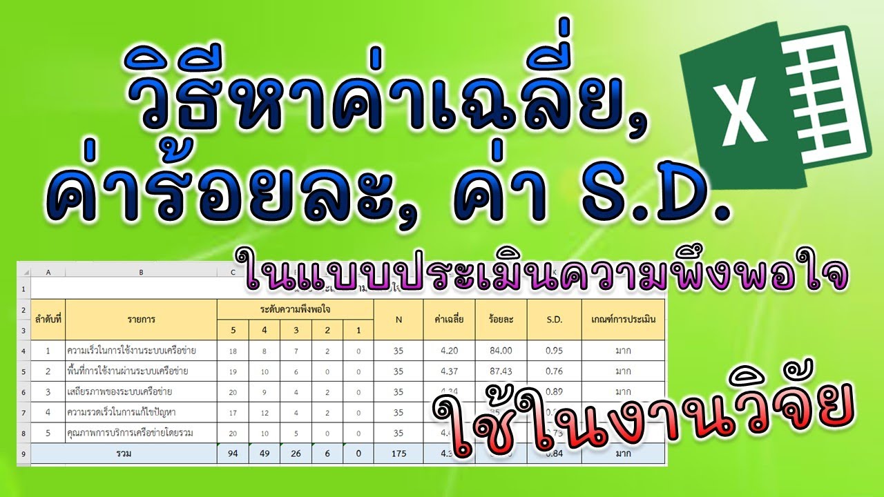 คิดแบบประเมินความพึงพอใจ ในการหาค่าเฉลี่ย, ค่าร้อยละ, ค่า S.D.ด้วย Excel