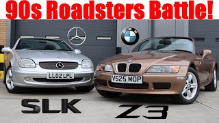 BMW Z3 vs Mercedes SLK - 90s Roadsters Battle! (1999 Z3 1.8 & 2002 SLK230 Kompressor Road Test)