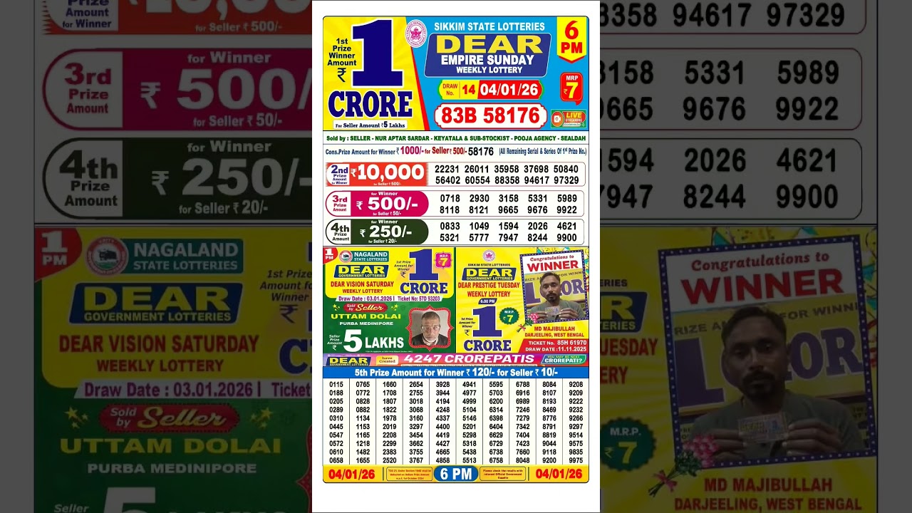 SIKKIM STATE LOTTERY RESULT TODY 6 PM 04/01/2026 DEAR LOTTERY LIVE RESULT