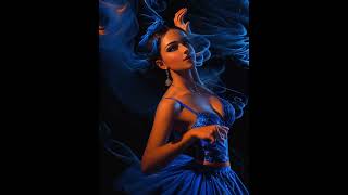 luxury and glamour, beautiful girl dancing, bright blue and orange color, blue smoke, magic of the n