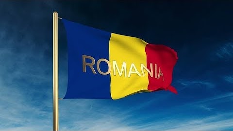 4K Romania flag slider style with title. Waving in the wind with cloud background animation Stock
