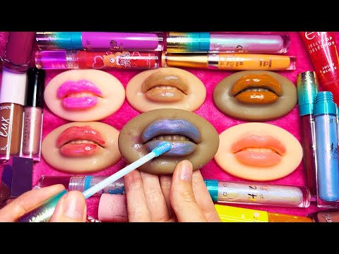 ASMR Lip Gloss Swatching on Squishy Lips (Whispered)