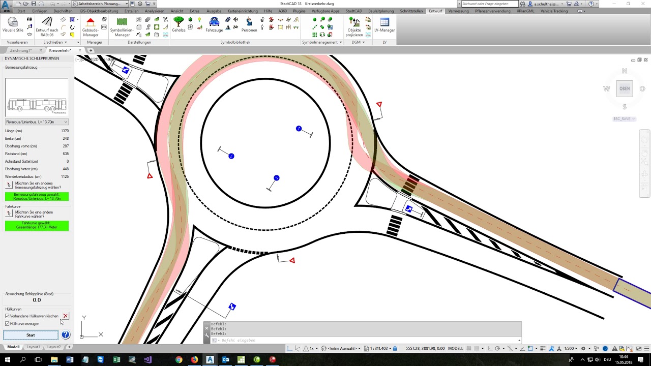 Dynamische Schleppkurven:  Omnibus 3achsig 13,7 Meter