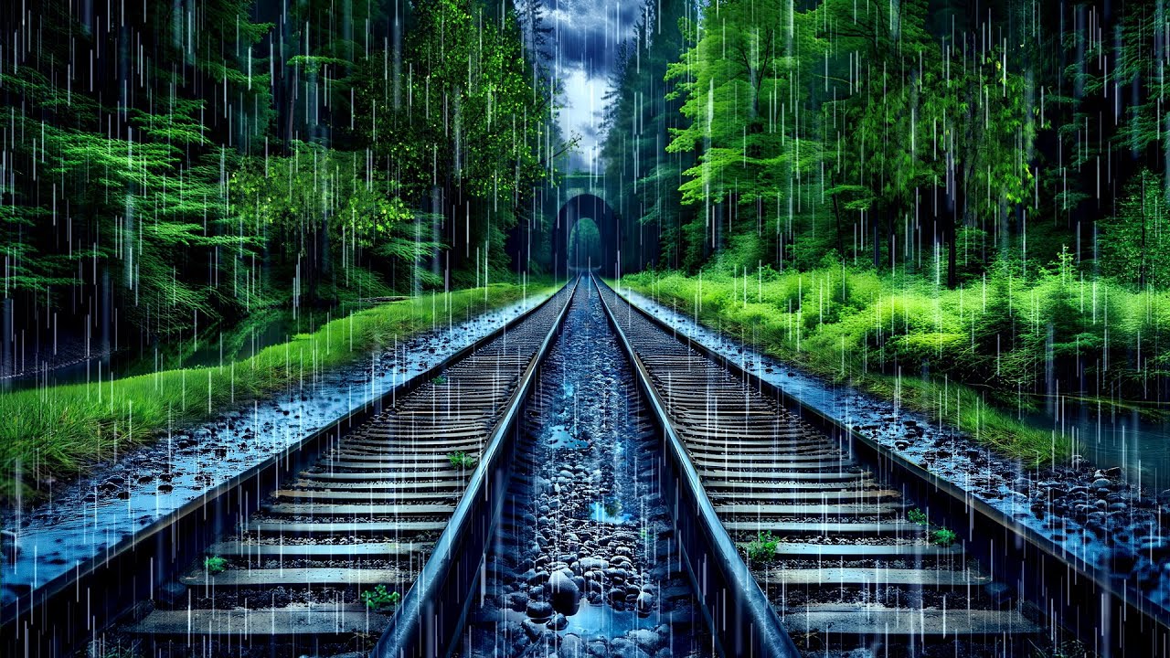 Relaxing Rain & Thunder with Distant Train Sounds for Sleep | Black Screen