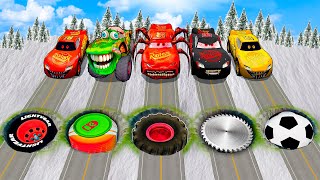 Mega Pixar Cars Pit Transform McQueen Into Mcqueen with Saw Wheels \& Different Wheel! BeamNG Battle!