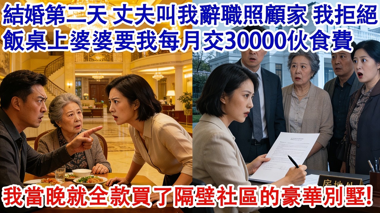 結婚第二天，丈夫叫我辭職照顧家庭，我沒同意。飯桌上婆婆要我每月交30000伙食費。我當晚就全款買了隔壁社區的豪華別墅！#婆媳 #家庭 #婚姻 #情感故事 #為人處世