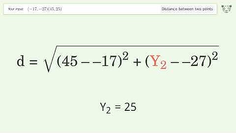Find the distance between two points p1 (-17,-27) and p2 (45,25): Step-by-Step Video Solution