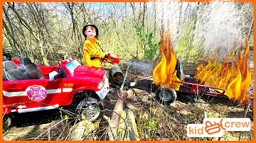 Wildfire rescue with kids forest fire truck, tractor, and ambulance. Educational | Kid Crew