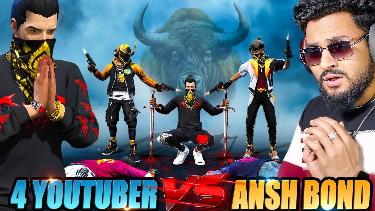 4 BIGGEST YOUTUBER VS ANSH BOND 😱 V Badge Streamer Shocked in BR Rank आजा Noob Ansh 1 vs 8 में !! 😤