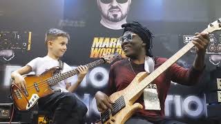 8 year old bass phenom, Aron Hodek jamswith Richard Bona at 2019 NAMM @pinckneycustomshop