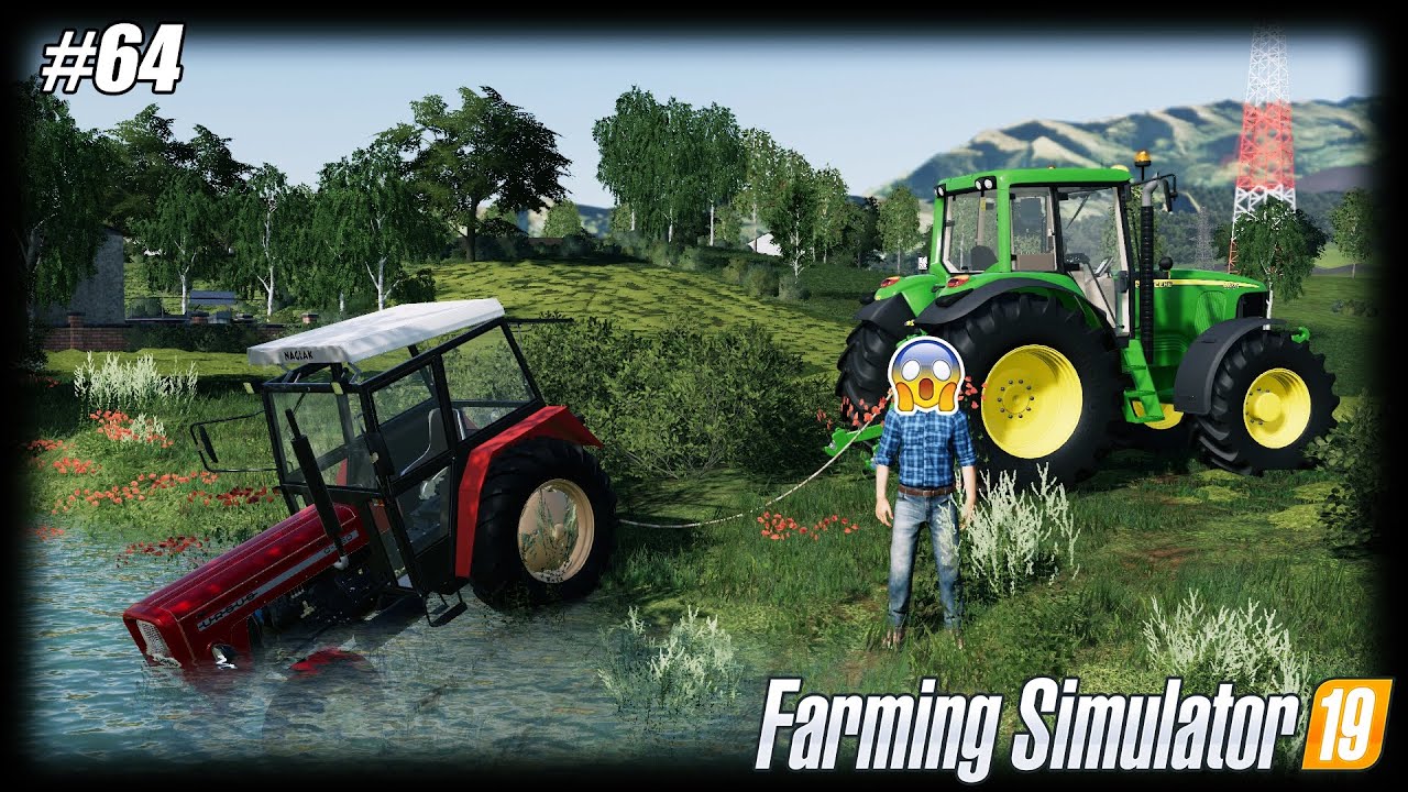 ㋡ POSTĘPOWY ROLNIK  ▶ＦＳ １９◀ Wyciąganie ursusa z rowu, brak hamulców zrobił swoje, sianokosy