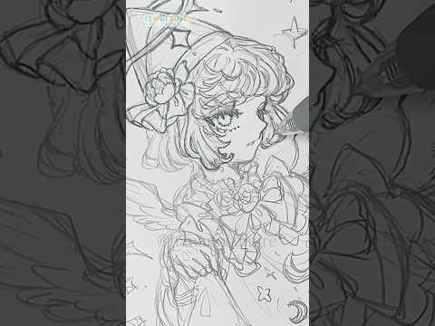 🌇ボールペンで夕日を運ぶ天使くんの線画を描くメイキング🎨🦜#Shorts #watercolor #watercolorpainting  #illustration