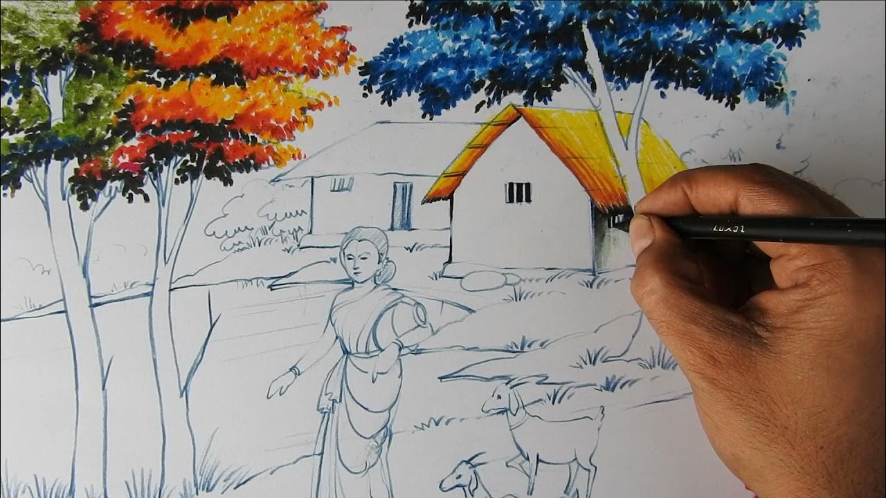 HOW TO DRAW EASY BEAUTIFUL SCENERY DRAWIMG WITH HUMAN FIGURE AND ANIMAL