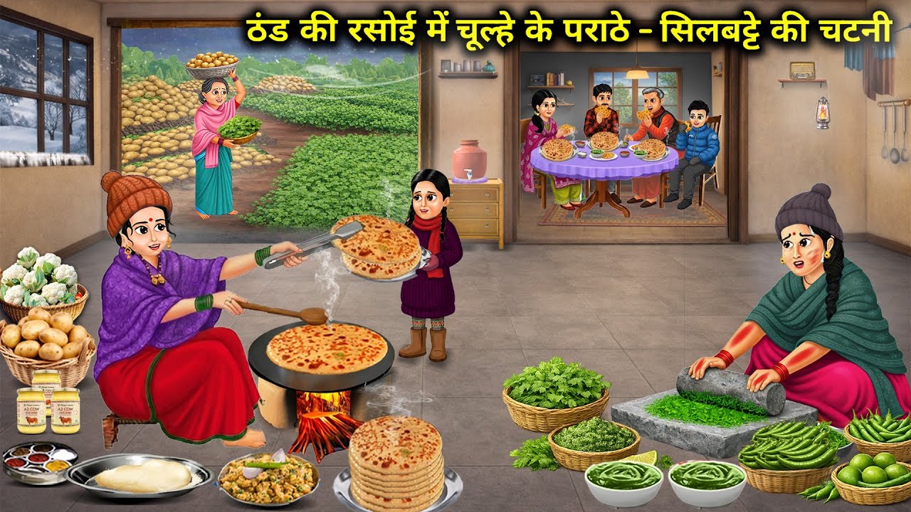 ठंड की रसोई मे चूल्हे के पराठे - सिलबट्टे की चटनी | Stove Paratha- Silbatta Chutney | Cartoon Video 