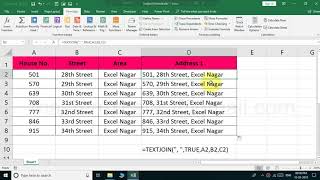 How to use TEXTJOIN formula to combine address data separated by comma in MS Excel 2016 Office 365