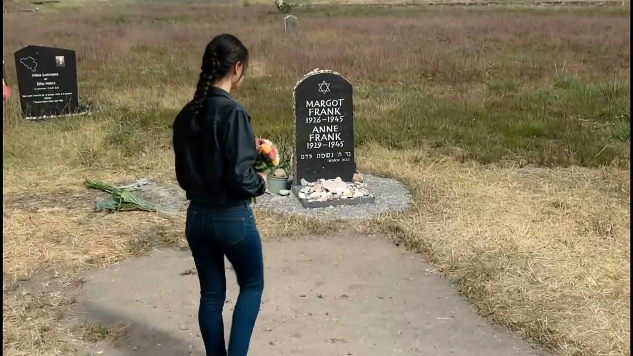Laying flowers at the tombstone of Margot and Anne Frank at Bergen Belsen