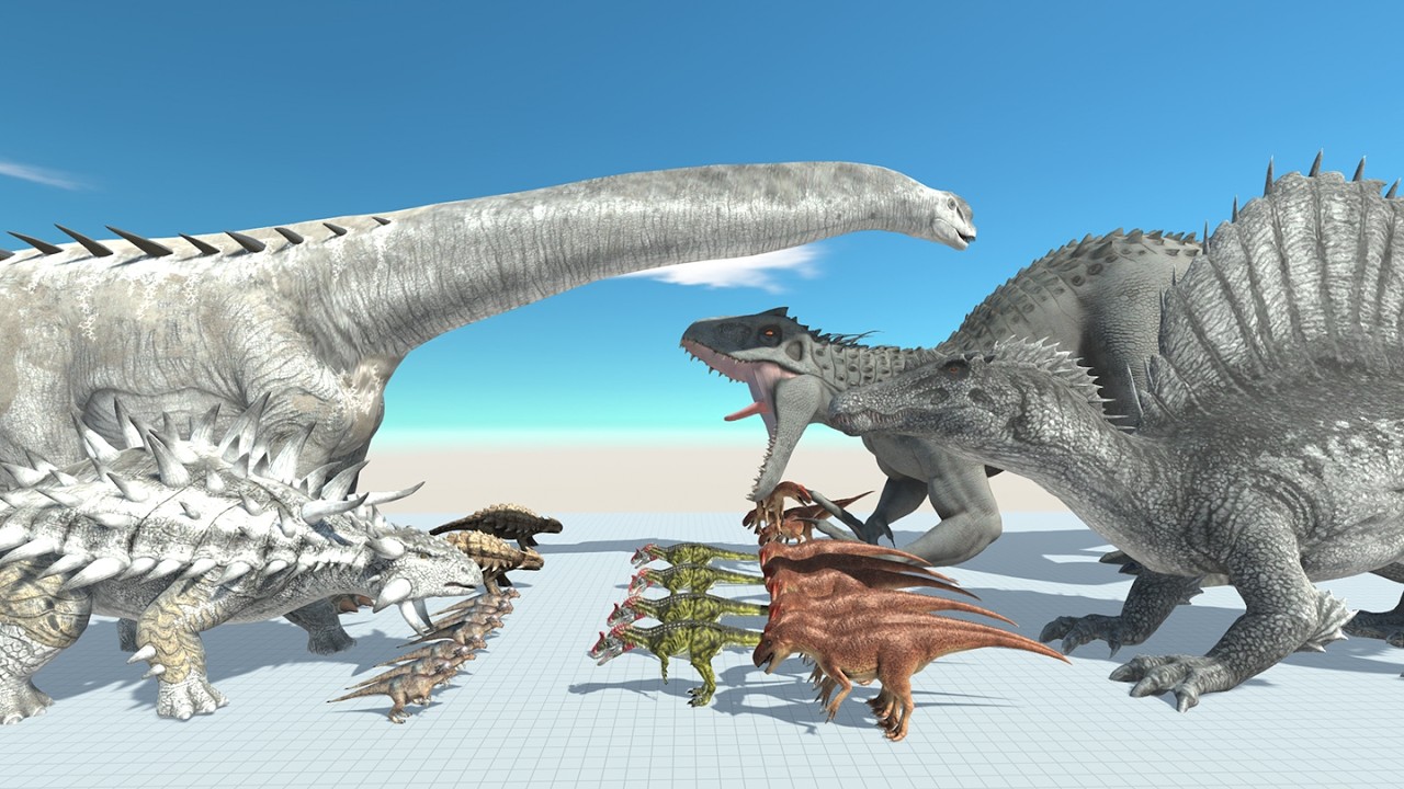 Dinosaur Battle: Ankylosaurus, Ampelosaurus VS Spinosaurus, Indominus Rex in ARBS