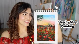 Step by Step Poppy Flower Field Painting Tutorial for Beginners