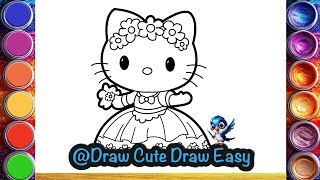 How to Draw Hello Kitty Princess with Flower Crown | Draw Cute Draw Easy | Cartoon Drawing #215