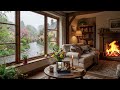 Peaceful Rainy Street with Cherry Blossoms 🌸 Gentle Jazz & Fireplace Ambience