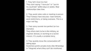 red flags for a romance scammer.Be careful report block #scammers #scamawareness #tiktok